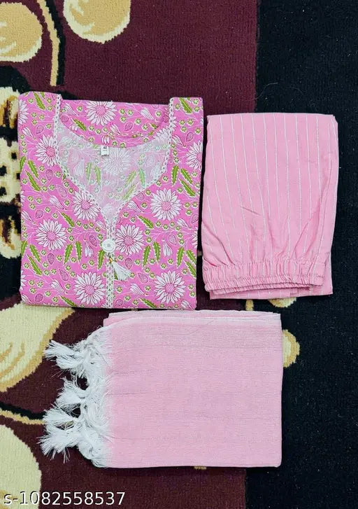 Women's Cotton Pink Floral Printed Kurta Pant & Dupatta Set | 3-Piece Ethnic Wear Set