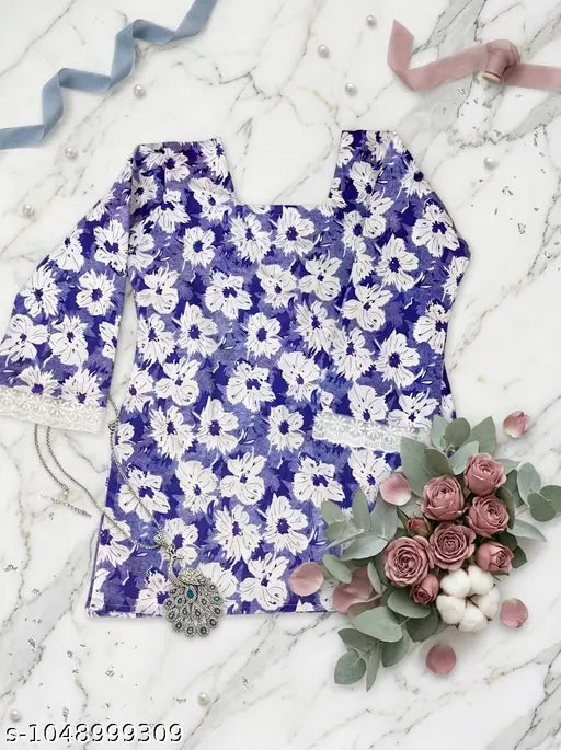 Blue White Floral Printed Square Neck Bell Sleeve Short Kurti for Women