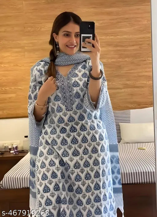Vidusha Printed Soft Cotton Kurti Set for Women | 3-Piece Set