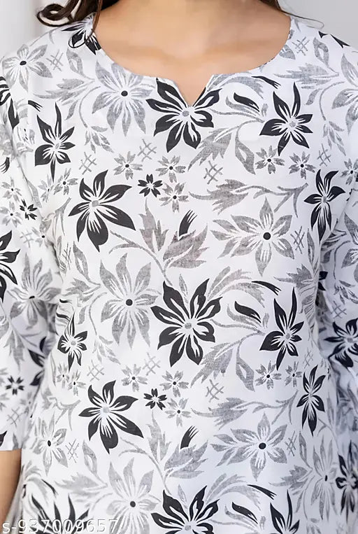 Women Floral Printed Short Kurti | Pure Cotton, Tie-Up Neck, White