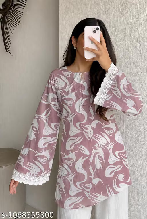 Women Cotton Printed Short Kurti | Bell Sleeve, Lace Border, Mauve Pink