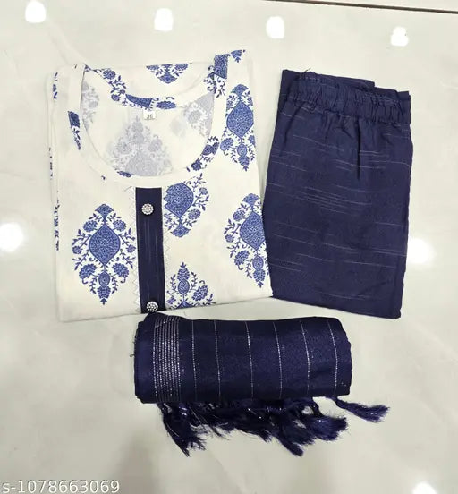 Women's White & Blue Printed Kurta Pant Dupatta Set | 3 Piece Ethnic Suit Set