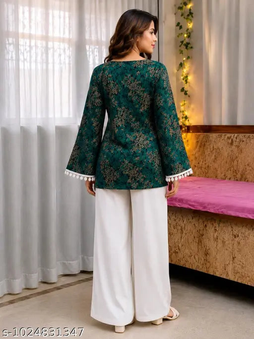 Women Green Printed Cotton Blend Short Kurti | Square Neck Bell Sleeve Ethnic Casual Daily Wear Top