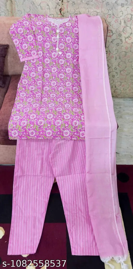 Women's Cotton Pink Floral Printed Kurta Pant & Dupatta Set | 3-Piece Ethnic Wear Set