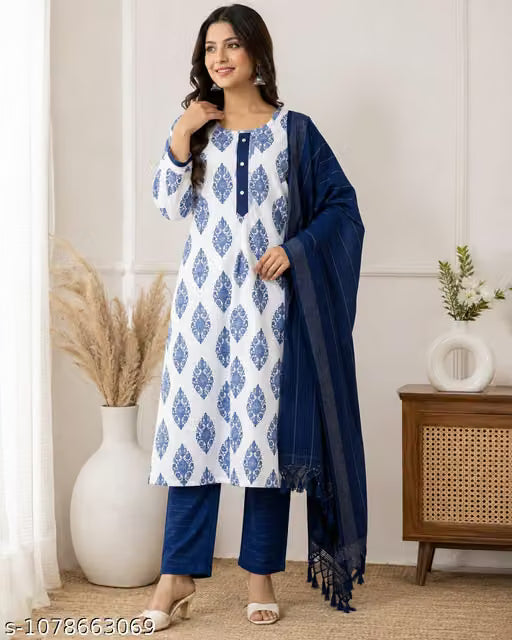Women's White & Blue Printed Kurta Pant Dupatta Set | 3 Piece Ethnic Suit Set
