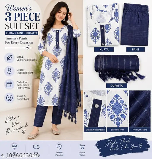 Women's White & Blue Printed Kurta Pant Dupatta Set | 3 Piece Ethnic Suit Set
