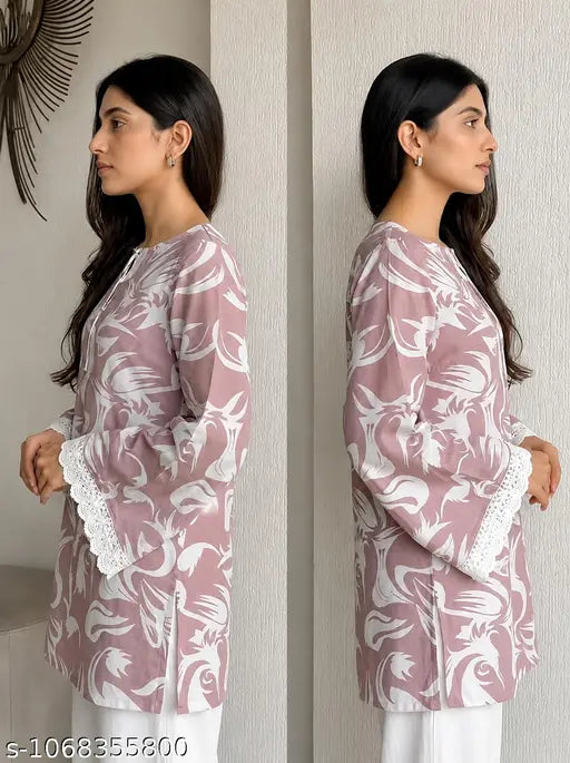 Women Cotton Printed Short Kurti | Bell Sleeve, Lace Border, Mauve Pink