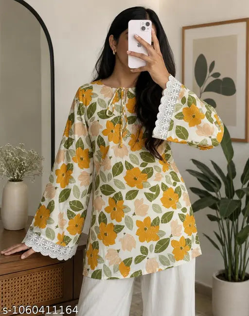 Short Kurti for College | Khadi Cotton, Tie-Up Neck, Lace Border