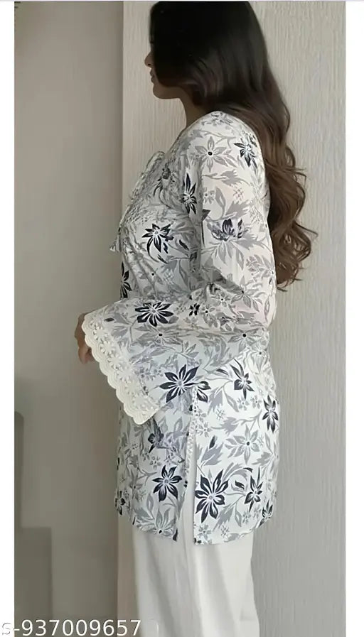 Women Floral Printed Short Kurti | Pure Cotton, Tie-Up Neck, White