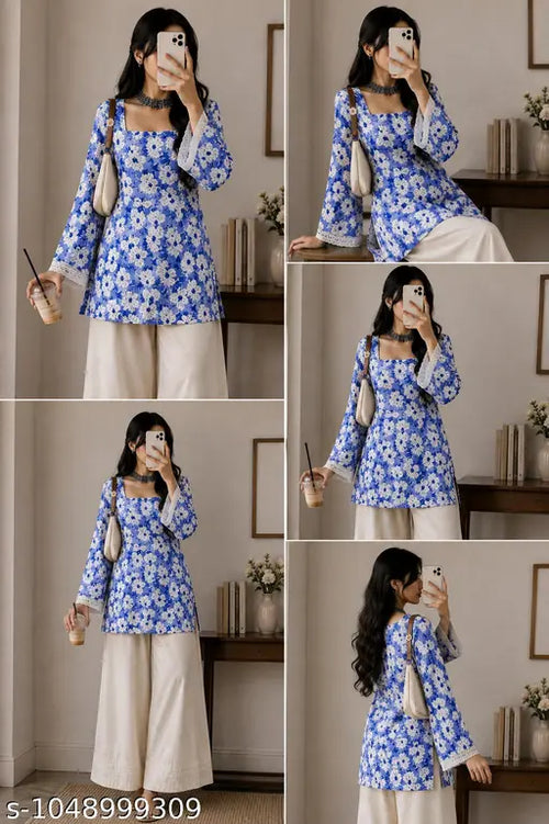 Blue White Floral Printed Square Neck Bell Sleeve Short Kurti for Women