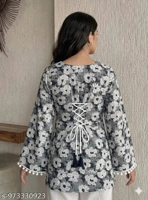 Short Kurti | Grey Floral Printed, Premium Cotton, Square Neck