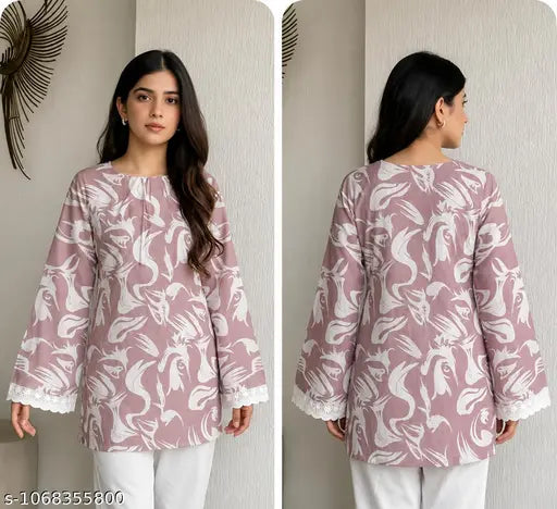 Women Cotton Printed Short Kurti | Bell Sleeve, Lace Border, Mauve Pink