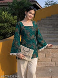Women Green Printed Cotton Blend Short Kurti | Square Neck Bell Sleeve Ethnic Casual Daily Wear Top