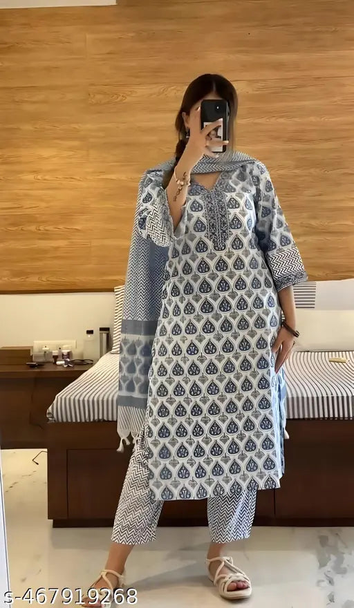 Vidusha Printed Soft Cotton Kurti Set for Women | 3-Piece Set