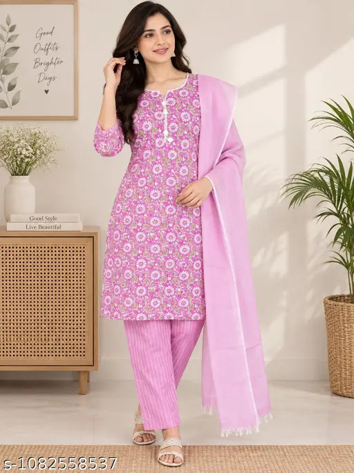 Women's Cotton Pink Floral Printed Kurta Pant & Dupatta Set | 3-Piece Ethnic Wear Set - 5XL