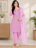 Women's Cotton Pink Floral Printed Kurta Pant & Dupatta Set | 3-Piece Ethnic Wear Set - 5XL