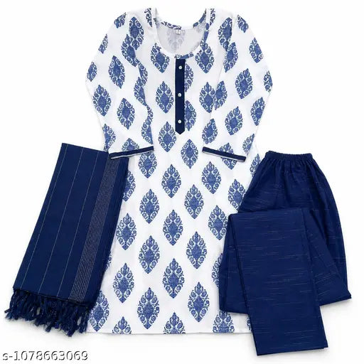 Women's White & Blue Printed Kurta Pant Dupatta Set | 3 Piece Ethnic Suit Set