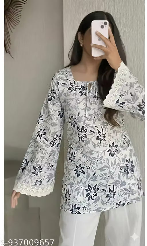 Women Floral Printed Short Kurti | Pure Cotton, Tie-Up Neck, White
