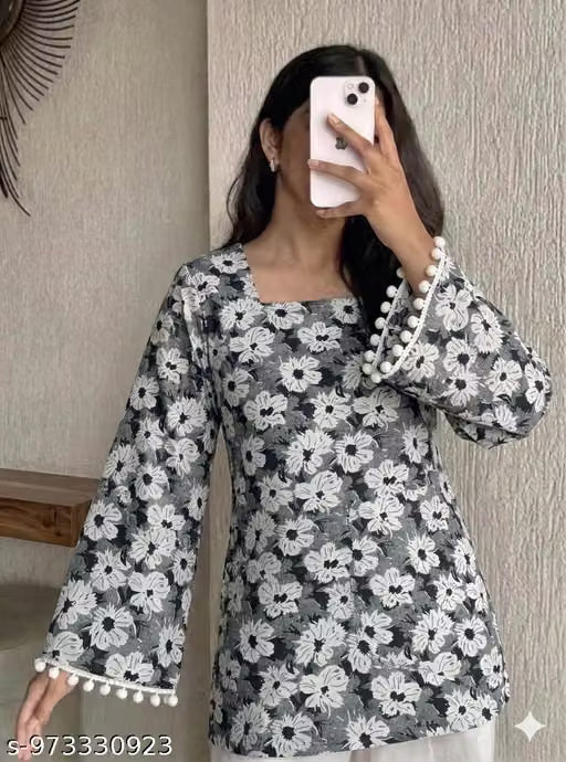 Short Kurti | Grey Floral Printed, Premium Cotton, Square Neck