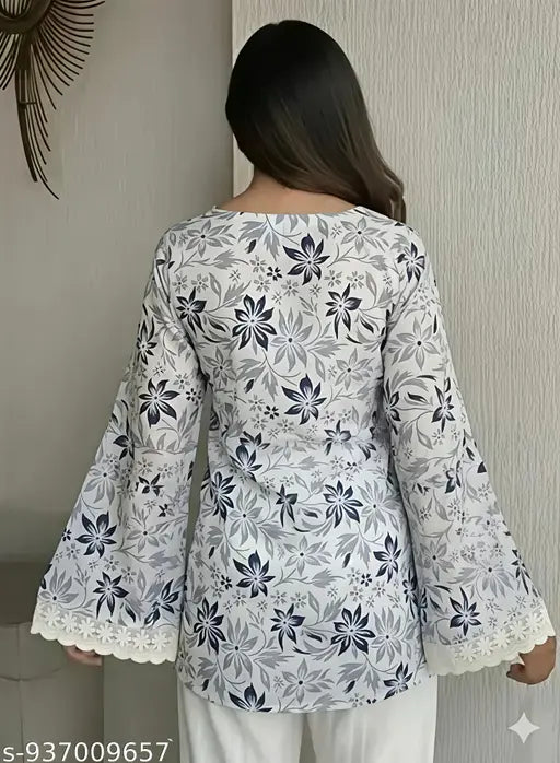 Women Floral Printed Short Kurti | Pure Cotton, Tie-Up Neck, White