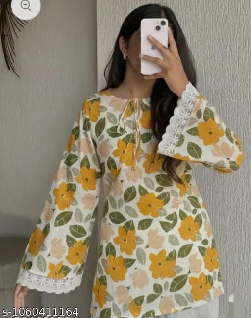 Short Kurti for College | Khadi Cotton, Tie-Up Neck, Lace Border