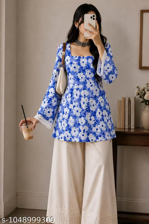 Blue White Floral Printed Square Neck Bell Sleeve Short Kurti for Women