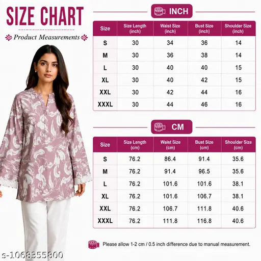 Women Cotton Printed Short Kurti | Bell Sleeve, Lace Border, Mauve Pink